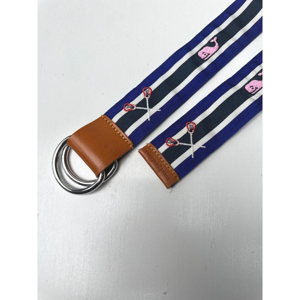 Vineyard Vines Mens Navy Striped Lacrosse Whale D-Ring Belt Leather Trim Size M